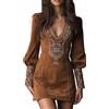 Fccrian Abiti estivi da donna con scollo a V 2026 in finta pelle scamosciata mini abito lungo a palloncino profondo scollo a V abito aderente etnico occidentale abiti abbelliti boho prendisole ricamate per