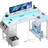 SOLAVERO Scrivania Angolare con 3 Cassetti in Tessuto, 118 x 78 cm, Bianco | Tavolo Gaming LED con Presa di Corrente , Ripiani e Supporto per Monitor, Scrivania Salvaspazio per Ufficio, Studio e Giochi