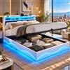 BIYFSDS Letto con Contenitore 160x200cm a LED, Letto Matrimoniale Imbottito con Mensole Aperte e Ripostiglio Nascosto nella Testata Imbottita, Letti 160x200 con Sommier per 2 Persone con Doghe in Legno (Beige