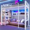 LN LOVE NEST Letto a soppalco 90 x 200 cm, telaio in ferro, vano portaoggetti, rete per appendere oggetti, con asta appendiabiti, spazio aperto sotto il letto, senza materasso, bianco