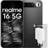 realme Smartphone da 16 5 G, 8 + 256 GB, IP69, Dual SIM, funzioni AI, ricarica rapida 45 W, batteria da 6550 mAh, display piatto da 6,57 120 Hz, fotocamera OIS da 50 MP, nero (con alimentatore)