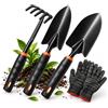 BADCRIS Set 4 Pezzi Attrezzi da Giardino in Acciaio, Vanga per Orto Piccola | Kit di Pala Da Giardino per Allentare, Rastrello 5 Denti e Guanti, Utensili per Trapianto Vasi, Erbacce, Orto e Fai da Te