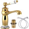 KMDZDZGS Rubinetto miscelatore per lavabo da bagno, monocomando, con 2 tubi flessibili da 600 mm, stile retrò europeo, con manico in ceramica, miscelatore monoblocco, con doppi comandi caldo e freddo (oro)