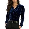 Leaomuny Blusa Donna Elegante Velluto Curvy Sera, Maglietta Cerimonia Maniche Lunghe Scollo a V, Maglia Top Drappeggio Perline Aderente Particolare, Camicetta Moda Tinta Unita Feste Lavoro Ufficio