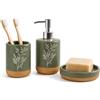 Generico Set Accessori Bagno 3 Pezzi in Ceramica - con Decoro Floreale (Verde) | Decorato, utile, moderno, shabby