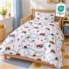 Yasida Copripiumino per auto, 120 x 150 cm, per bambini, per trattore, biancheria da letto, con pannelli di segnalazione e strade e set da letto per adolescenti, copripiumino in microfibra 120 x 150 +