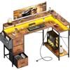 SOLAVERO Scrivania Angolare con 3 Cassetti in Tessuto, 118 x 78 cm, Marrone | Tavolo Gaming LED con Presa di Corrente , Ripiani e Supporto per Monitor, Scrivania Salvaspazio per Ufficio, Studio e Giochi