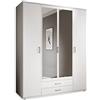 Stella Trading KARL, Elegante armadio a 4 ante molto capiente, versatile con ante a battente, bianco con ante a specchio, 160 x 196 x 54 cm, L x A x P