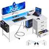 ODK Scrivania Gaming Angolare, 140x80x84.7cm Scrivania Angolare Reversibile con 4 Cassetti, Tavolo a Forma di L con LED e 2 Porte di Ricarica USB e 2 Prese di Corrente per Casa Ufficio, Bianco
