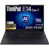 Lenovo ThinkPad E14 Gen 7 Display FHD+ da 14, Intel Ultra 5 225U, RAM DDR5 da 32 GB, SSD PCIe da 1 TB, tastiera retroilluminata, WiFi 6E + BT, RJ-45, webcam FHD, Windows 11 Pro, laptop aziendale AI
