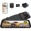 WOLFBOX M40 10 Specchio Telecamera Posteriore, Dashcam 4K+1080P Auto Anteriore Posteriore, Specchio Dashcam con ADAS/BSD, Comando Vocale, Incluso Scheda da 64GB, Wi-Fi & GPS
