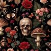 Douthfolle Carta da parati autoadesiva, motivo vintage nero con rose, teschi, farfalle, funghi, felci e fiori, supporto adesivo spesso, 44x500CM, rimovibile