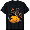 Halloween Gatto Halloween Carino Gatto Nero Strega Cappello Zucca Maglietta