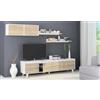 Dmora - Parete attrezzata Orlando, Mobile da soggiorno porta TV, Composizione per salotto con pensile e mensola, 200x50h41 cm, Bianco e Rovere