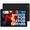 DOOGEE T10W Tablet 10 Pollici Android 14, 9 GB RAM + 128 GB ROM (2 TB TF), Gaming Tablet con Sim, batteria da 8000 mAh, 4G LTE/5G WiFi, Doppia fotocamera, Bluetooth 5.0/OTG/Face ID/USB Type C,Nero