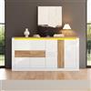 Merax Credenza bianca effetto rovere, 140 x 35 x 70 cm, comò con 4 ante, illuminazione LED RGB con controllo app, ripiani regolabili, frontale lucido, armadio per soggiorno e sala da pranzo