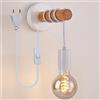 Mengjay Lampada da parete retrò in metallo e legno, interruttore sul filo, lampadina E27 non inclusa, applique vintage, design industriale, ideale per ambienti rustici e moderni (Bianco)