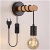 Mengjay Lampada da parete retrò in metallo e legno, interruttore sul filo, lampadina E27 non inclusa, applique vintage, design industriale, ideale per ambienti rustici e moderni (Nero)