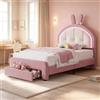BIYFSDS Lettino per bambini da 90 x 200 cm, con LED e cassetto, design a forma di coniglio, con testiera imbottita e rete a doghe, in velluto, per ragazze (rosa-3, 90 x 200 cm)