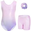 Gogokids Set da ginnastica per bambina, 3 pezzi, scollo a Y, senza maniche, con pantaloncini e fascia, abbigliamento da ginnastica danzante, con motivo blocchi di colore blu e viola, 3-12 anni