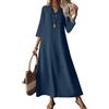 Onsoyours Abito Donna in Lino E Cotone Maxi Abiti Bohémien Casual Scollo A V Maniche 3/4 Leggero Lungo Estiva Vestiti Trapezio Dress da Spiaggia Vacanze