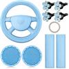 Amazleer Set di coprivolante da donna, 10 pezzi, kit universale di accessori per auto con cinture di sicurezza, spalline, portabicchieri, clip di sfiato floreale, adesivo per pulsante Start (blu)