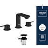 GROHE Lineare Miscelatore Lavabo 3 Fori con Scarico Pop-Up (Da Piano, Taglia M 120 mm, Due Manopole, Risparmio Idrico), Nero Opaco, 203042431