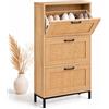 Relaxdays Scarpiera a ribalta, marrone chiaro/nera | Portascarpe stretto per ingresso, HLP 122 x 60 x 24 cm, 3 ante per 12 paia, 8 kg per vano, MDF, ferro e rattan