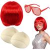 XIJEQOW Parrucca Rossa Donna a Caschetto con Occhiali Rossi e 2 Cuffie Retina, Set Parrucca Rossa Corta Capelli Finti per Cosplay, Halloween, Carnevale e Feste