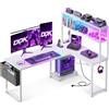 ODK Tavolo da gioco a forma di L, 135 x 100 cm, bianco | Con LED e prese, Scrivania angolare reversibile, Con scaffale, Con borsa portaoggetti, Per home office e gaming