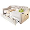 Azkoeesy Divano‑Letto Imbottito Singolo 90x190 cm con 2 Cassetti, Braccioli con Contenitore, USB, Rivestimento in Velluto, Tasche, Design con Cuciture a Bottoni, Senza Materasso (beige)