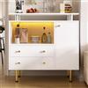 Merax Credenza bianca 80 x 35 x 80 cm, comò con illuminazione a LED, 2 ante scorrevoli in vetro, 2 cassetti e 1 porta, maniglie in metallo e piedini in metallo, armadio per soggiorno e sala da pranzo