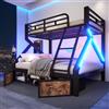Ktipm Letto Castello Bambini 90(140)x200 cm con LED e Scarpiera, Nero | Letto a Castello Una Piazza e Mezza con Scala e Protezione Anticaduta, Struttura Metallica, Senza Materasso