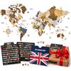 WOW WOOD Mappa del Mondo con Puntine in inglese - Regalo per la Cameretta | Mappamondo da parete in legno per la cameretta, continenti a colori, 120x62 cm, 324 bandierine, oggetto decorativo