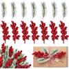 NAROSEBE 40 Pz Rami di Abete Artificiali con Innevato con 20pz Gambi di Bacche Rosse | 10/12cm, Piccoli Rami di Abete Artificiale, Foglie di Pino Artificiali Plastica,Rami di Abete Finto per Decorazioni Natalizie