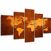 Visario Quadro su tela 5 pezzi XXL 160x80 cm 5508 - Mappa del mondo oro e ruggine - Continenti su sfondo caldo - Set da parete già montato su telaio in legno