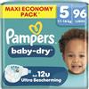 Pampers Baby-Dry Taglia 5, 96 Pannolini, 11 kg-16 kg, Fino al 100% a prova di perdite e notte confortevole