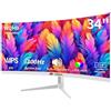 CRUA Monitor PC 34 WQHD 3440×1440 100 Hz IPS Bianco Curvo 21:9 100 Hz, FreeSync, 3800R, 130% SRGB, Altoparlanti, 2 HDMI 2.0, 2 DP 1.4, VESA, PIP PBP, Desktop, Creazione, PC, 1000:1