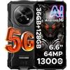 Luzglo Fire 7 Rugged Smartphone 5G, 13000 mAh Telefono Indistruttibile Android 16, 6,6 +90Hz, 36GB+128GB, Fotocamera da 64 MP, MediaTek Dimensity 6300/IP68/IP69K/MIL-STD-810H, NFC,Grigio