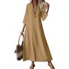 Onsoyours Abito Donna in Lino E Cotone Maxi Abiti Bohémien Casual Scollo A V Maniche 3/4 Leggero Lungo Estiva Vestiti Trapezio Dress da Spiaggia Vacanze