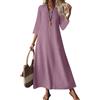 Onsoyours Abito Donna in Lino E Cotone Maxi Abiti Bohémien Casual Scollo A V Maniche 3/4 Leggero Lungo Estiva Vestiti Trapezio Dress da Spiaggia Vacanze