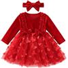 Winmany Vestito Peluche per Bambina Maniche Lunghe Fiocco Farfalla Tutu Tulle | Abito Festa Principessa Natalizio in Pizzo per Bambini con Fascia Completo Gonna Tulle Autunno Inverno per 6M‑3 Anni