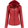 LCDIUDIU Giacca Donna,Giacca In Ecopelle Da Donna Beige Rosso Cappuccio Staccabile Colletto Con Bottoni Automatici Doppia Zip Vintage Manica Lunga Corta Slim Fit Moto Biker Pu Cappotto Bomber Capispalla Moto
