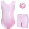 Gogokids Set da ginnastica per bambina, 3 pezzi, scollo a Y, senza maniche, con pantaloncini e fascia, abbigliamento da ginnastica danzante, con motivo blocchi di colore blu e viola, 3-12 anni