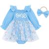 JiAmy Vestito in tulle per bambina, a maniche lunghe, con fascia per | 9-18 mesi, 95% cotone, ricamato, volant, gonna in tulle e fascia per capelli, per 1° compleanno, cake smash, battesimo