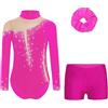 Sinleey Bambina Costume Da Danza A Maniche Lunghe Con Pantaloncini Corti Set Di Elastici Per Capelli Glitter Strass Tuta Da Ginnastica Abbigliamento Per Balletto E