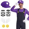 Kitimi Super Brothers Costume Accessori, Super Bro Halloween Costume per Adulto Bambini con Cappello Baffi Guanti Giallo/Viola, Fancy Dress Outfit per Halloween Carnevale Natale Feste Cosplay