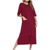 GMQWRK Camicia da notte da donna con maniche a 3/4 alla moda con cerniera completa aperta sul davanti camicia da notte con tasche casual vestibilità ampia maniche raglan orlo a fessura abito midi