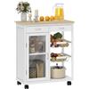 HOMCOM Carrello da Cucina con Ruote, Piano in Bambù, 67x35x80 cm, Bianco | Isola Cucina, 2 Cassetti, Armadietto con Anta in Vetro, Ripiano Regolabile, 2 Cestini in Acciaio, per Soggiorno e Cucina