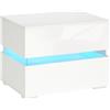 HOMCOM Comodino con Luce LED RGB Incorporata, 2 Cassetti, 60x39x47cm Bianco | 4 Modalità di Luce, 16 Colori, in Truciolato